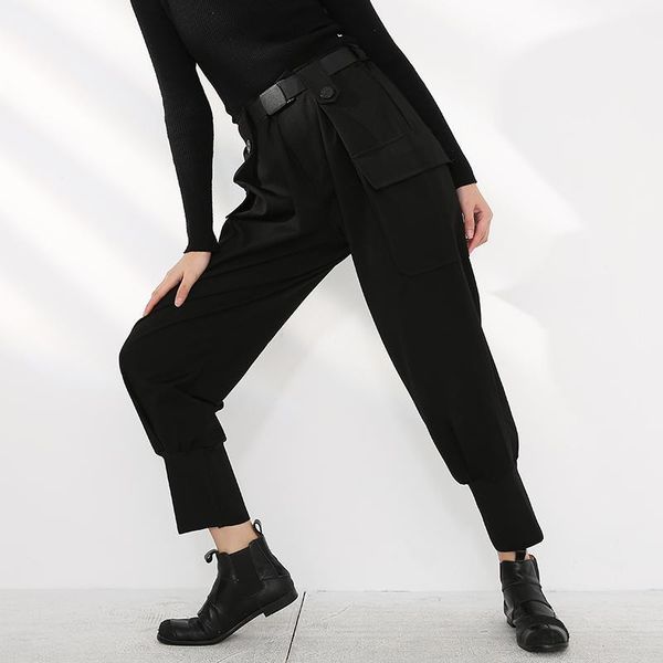 

[eam] high elastic waist black pocket long harem trousers loose fit pants women fashion tide spring autumn 1db35201, Black;white