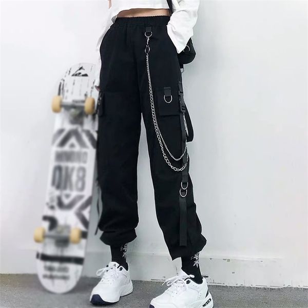 

women cargo pants harem fashion punk pockets jogger trousers with chain harajuku elastics high waist streetwear 211007, Black;white
