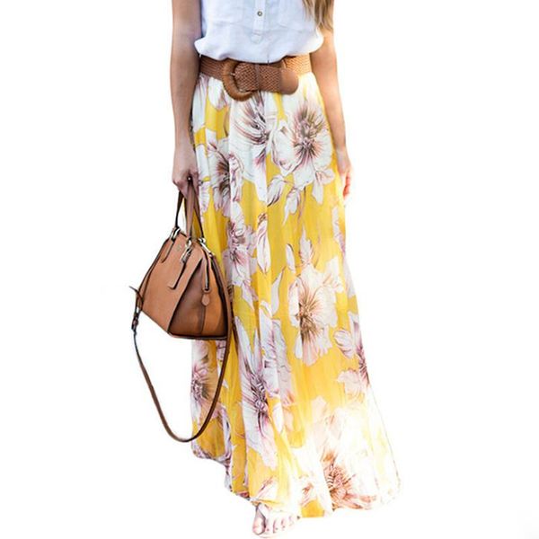 

skirts u-swear women bohemian casual vintage high waist long chiffon floral printed maxi jupe femme, Black