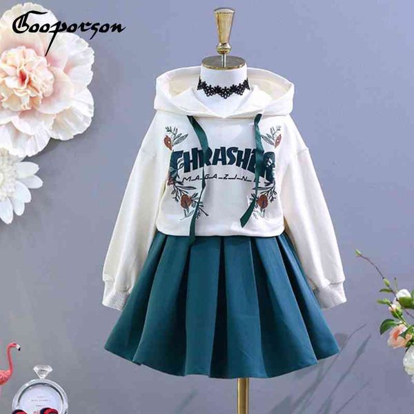 

fashion girls clothes set hoody sweatshirt and skirt 2 pcs clothing suit for kids girl autumn outerwear children 210508, White