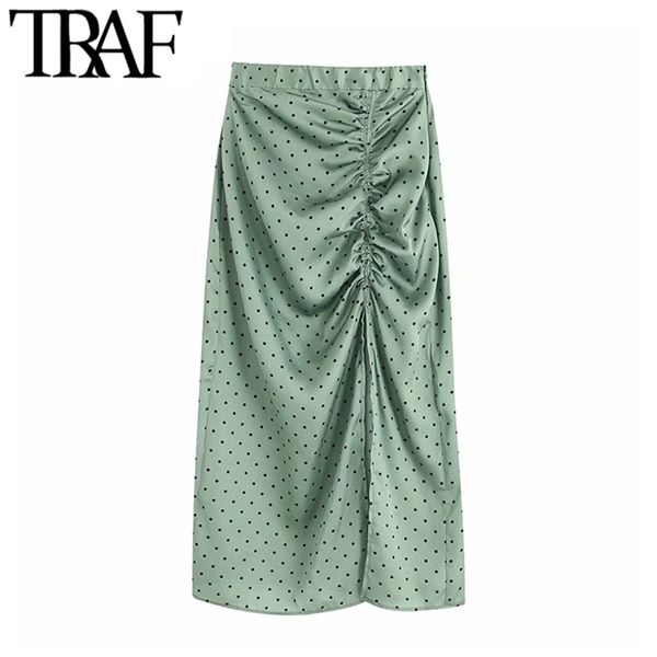 

traf women vintage elegant polka dot pleated midi skirt fashion elastic waist side zipper slit female skirts chic faldas mujer 210730, Black