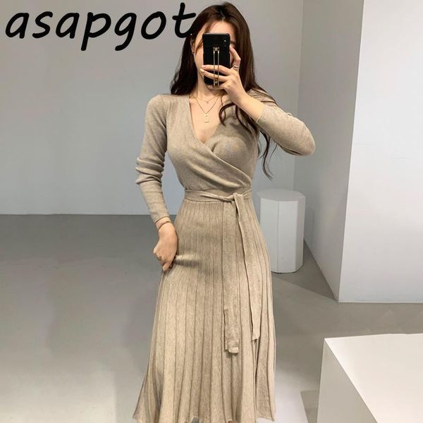 

casual dresses chic french v neck cross slim elegant temperament long high waist bandage dress women full knitted pleated autumn fashion, Black;gray