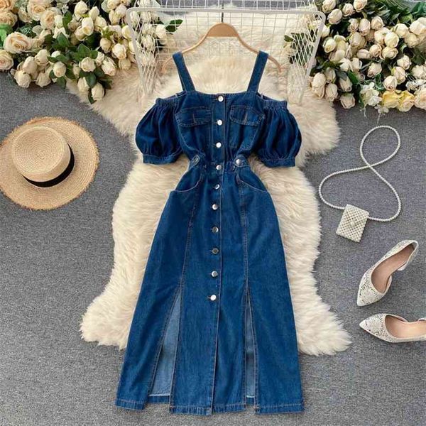 

vintage women denim dress casual streetwear summer fashion spaghetti strap short sleeve single breasted front split jeans 210603, Black;gray