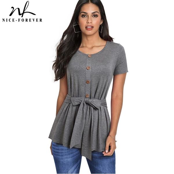 

nice-forever summer women fashion pure color with sash t-shirts casual oversized tees btyt038 women's t-shirt, White