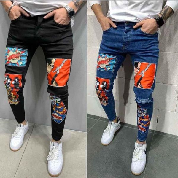 Skinny jeans moda fashion high street denim pencli calças homem cartoon personagem remendo calças macho w1923