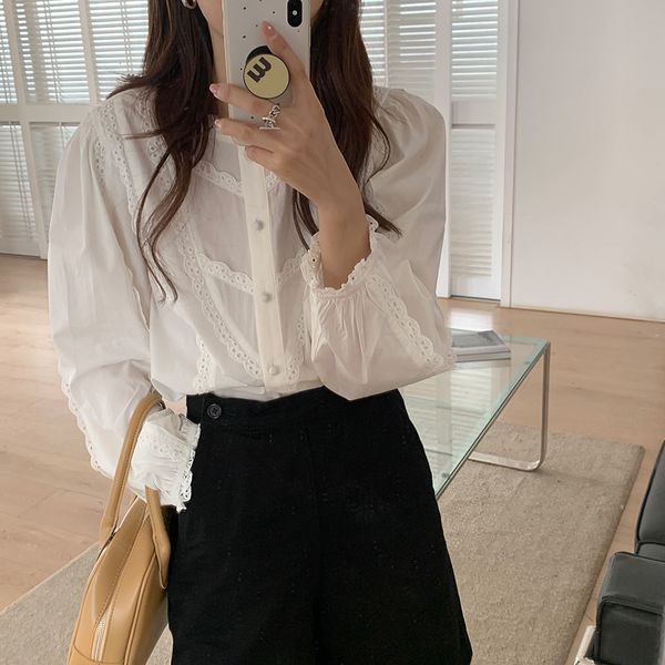 

women's blouses & shirts patchwork ruffles spring basic outwear sweet 2021 stylish femme loose lady vintage full sleeves espj, White