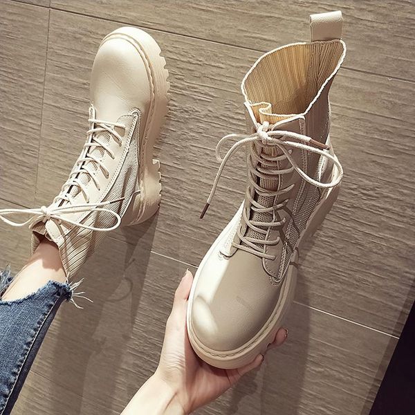 

boots ankle for women 2021 spring motorcycle thick heel platform shoes woman slip on round toe fashion, Black
