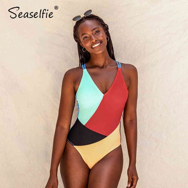 Seasfie Sexy Colorblock V-образным вырезом Открыть спину цельный купальник женщины мягкие чашки монокини пляж купальный костюм купальники 210407