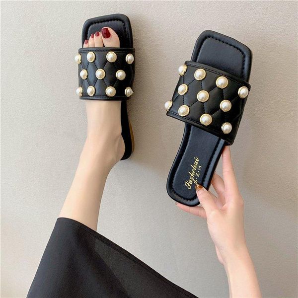 

slippers women summer beach shoes square toe slides fashion string bead pantofle sabot luxury flat 2021 basic pu rubber, Black