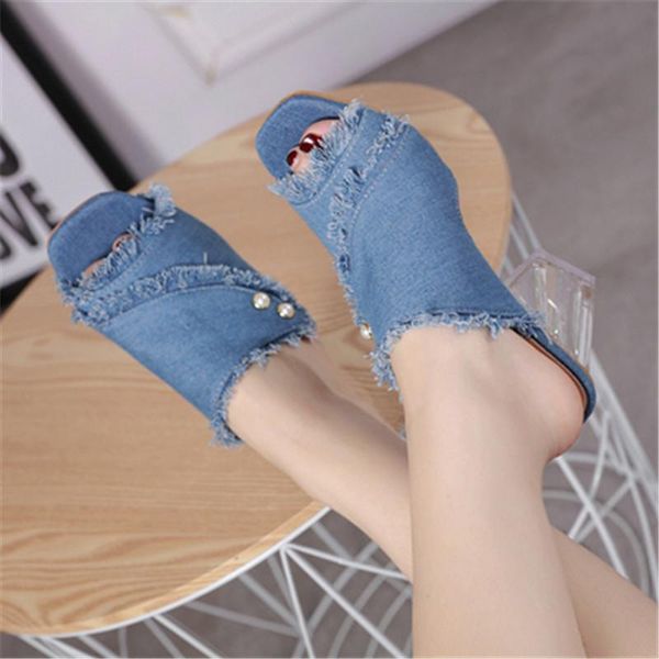 

slippers summer rome denim women's shoes open toe clear glass heel lady square high heels crystal transparent slip-on 35-40, Black