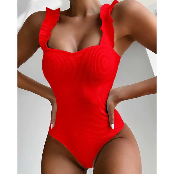 

evisports 2021 female swimsuit vintage one piece ruffled push up solid red swimwear women monokini padded bathing suits, White;black