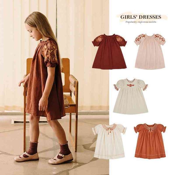 

dress girls' 2021 summer new embroidered auricular skirt for children, Red;yellow