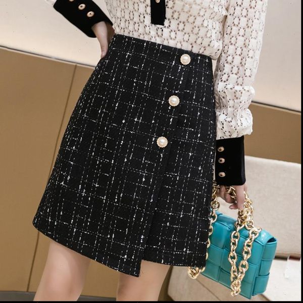 

pearls buttons womens skirt plaid tweed skirts women high waist pencil black wool mini winter vintage office plus size x585