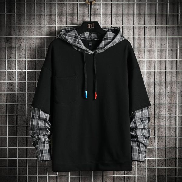 

men's hoodies & sweatshirts plaid patchwork hoodie men 2021 brand harajuku high street oversized hooded streetwear clothing, Black