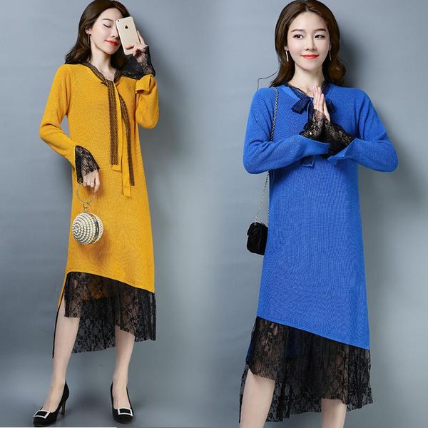 

autumn & winter women fashion design lace solid color sweater dress ladies wool knitted pullovers casual dresses, Black;gray