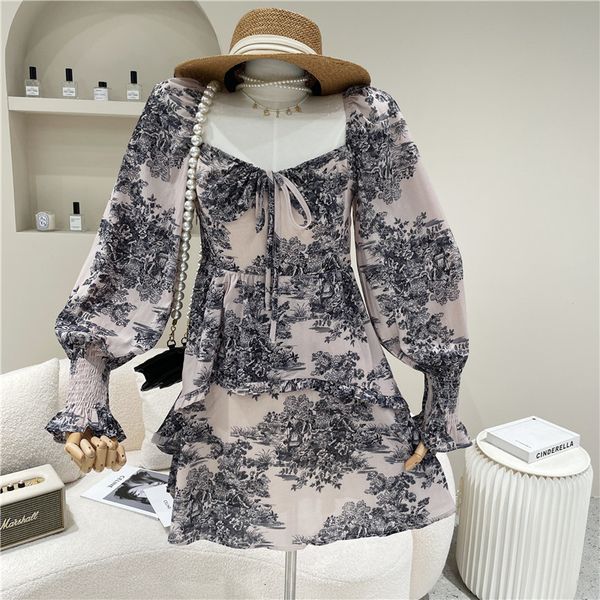 

spring summer 2021 niche fashions female design temperament squared neck dress floral, Black;gray