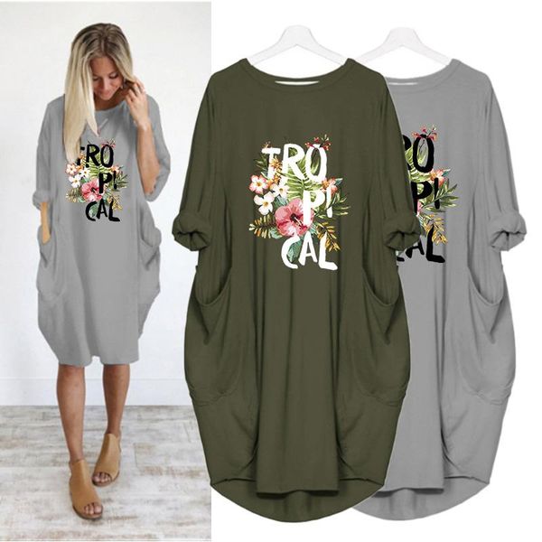 

dress flower letter print long sleeve o neck pocket retro clothes beach plus size woman dresses solid color vestidos robes casual, Black;gray