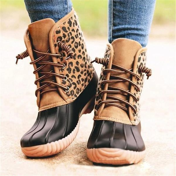 

boots women waterproof lace up duck boot short booties leopard grain1, Black