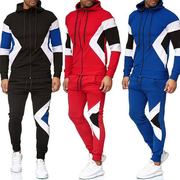 

men's tracksuits autumn and winter 2021 hooded sweater color matching two piece european sports leisure suit for men, Gray