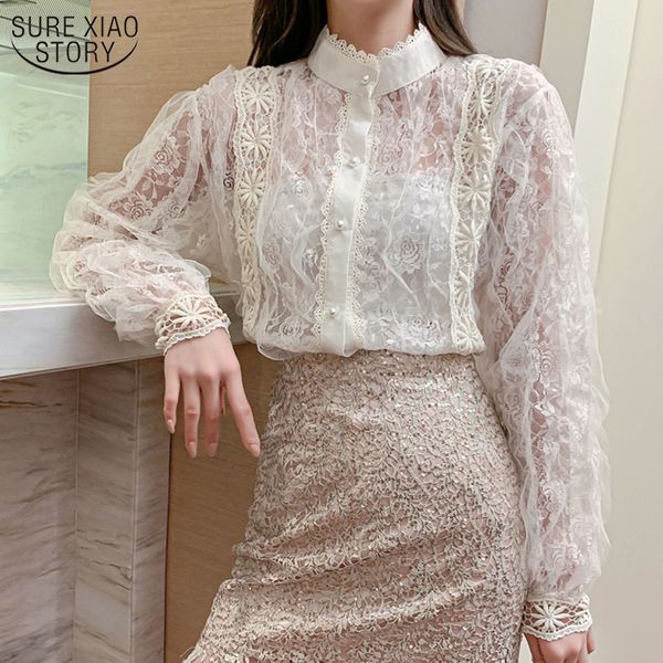 Corea stile retrò romantico pizzo cuciture colletto alla coreana camicia con bottoni in madreperla top femminile manica lunga da donna 12929 210508