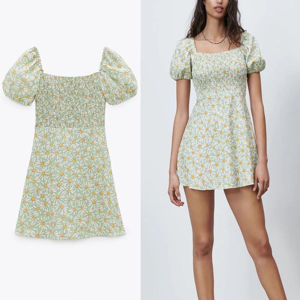 

dresses vintage floral print summer women short sleeve smocked elastic holiday es chic side zip mini green, Black;gray