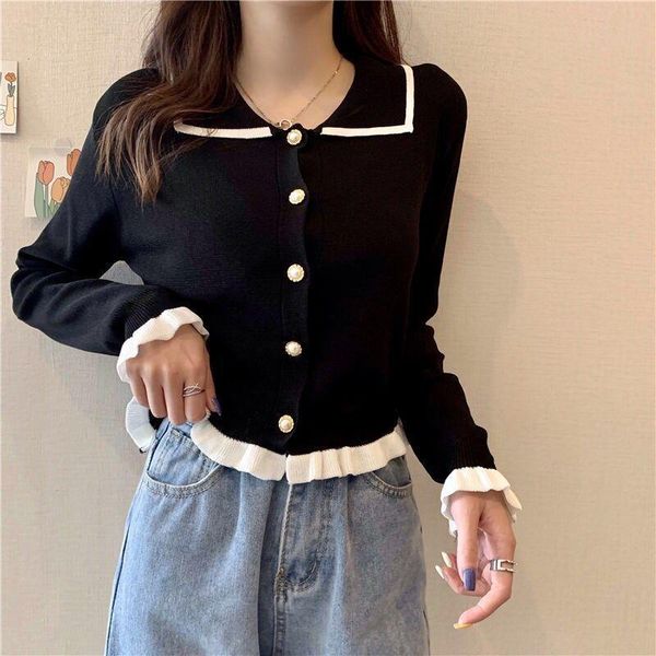 

women's knits & tees knitted cardigan turn-down collar sweet ruched long sleeves short thin wholesale 2021 elegant female clothing, White