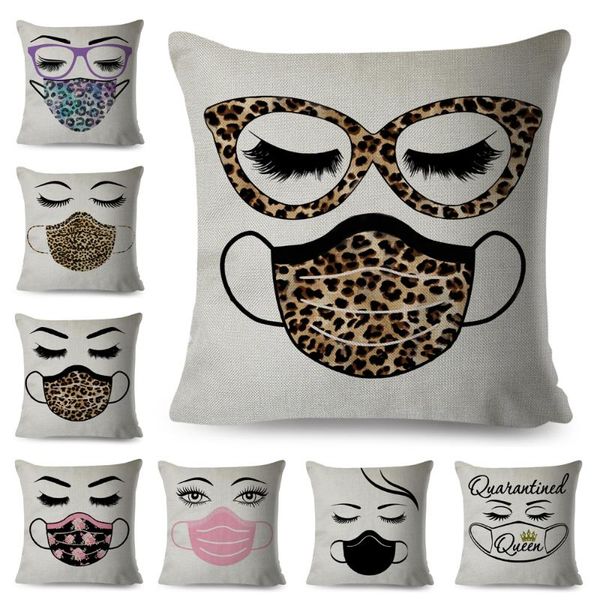 

leopard face mask eyelash cushion cover for sofa home car decor fashion cartoon women pillow case linen pillowcase 45x45cm cushion/decorativ