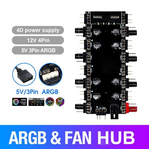 

computer cables & connectors 5v/3/12v4 pin argb 4 fan pwm hub 8 ports cable organizer winder management adapter converter card module board