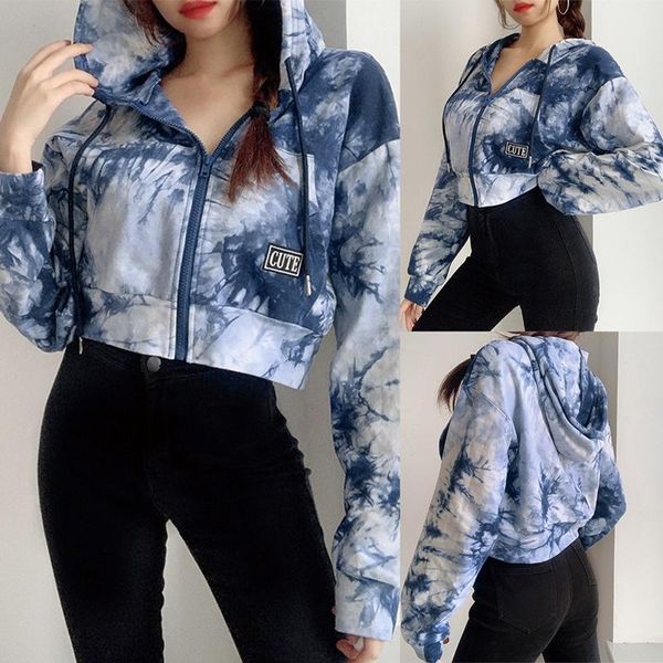 

women's hoodies & sweatshirts autumn and winter cropped hoodie fashion loose ink tie-dye big pocket zipper, Black