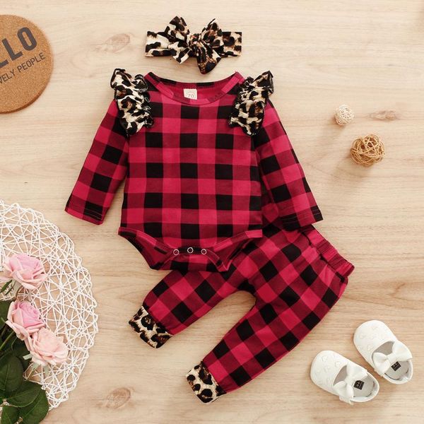 

infant baby boys girls plaid leopard romper bodysuit+pants+headbands outfits winter clothes for ensemble fille clothing sets, White
