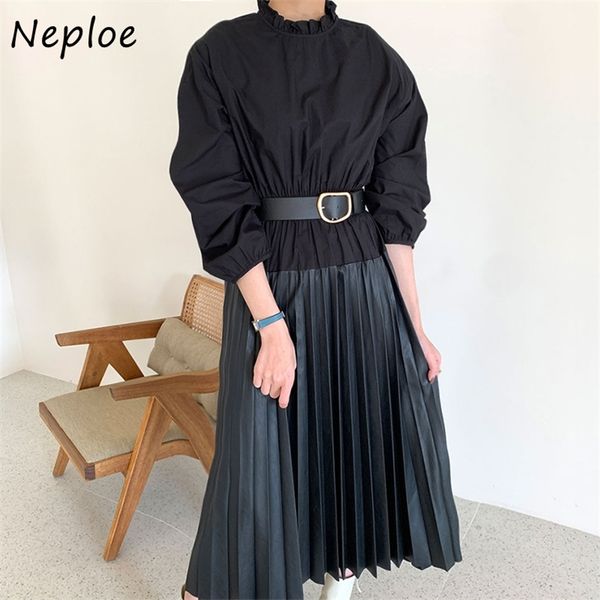 

stand collar pleated women dress loose fake two piece patchwork vestidos chic french style design dresses with belt 210422, Black;gray