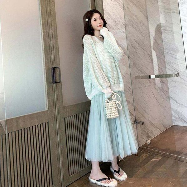 

women's tracksuits women 2021 spring autumn elegant 2 piece suit female hollow out long sleeve pullover +elastic waist mesh skirt set, Gray