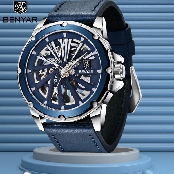 

wristwatches 2021 men's watch benyar automatic mechanical wristwatch fashion leather strap waterproof, Slivery;brown
