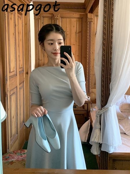 

dresses temperament gentle korean chic slim blue o neck short sleeve big swing dress women vestido de mujer pleated black casual 210429, Black;gray