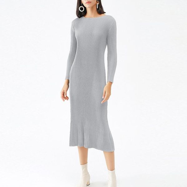 

casual dresses miyake pleated skinny dress autumn and winter 2021 korean style thin black light mature slim mid-calf base skirt for women, Black;gray