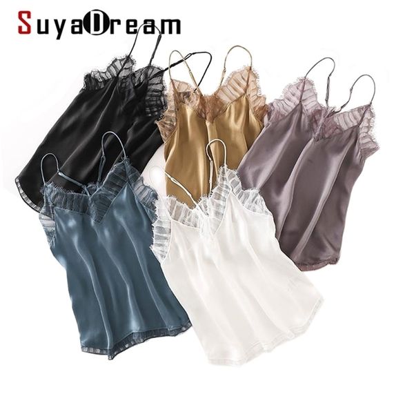 

suyadream women silk camisole 100%silk and lace chic camis spring summer solid bottoming shirt 210407, White
