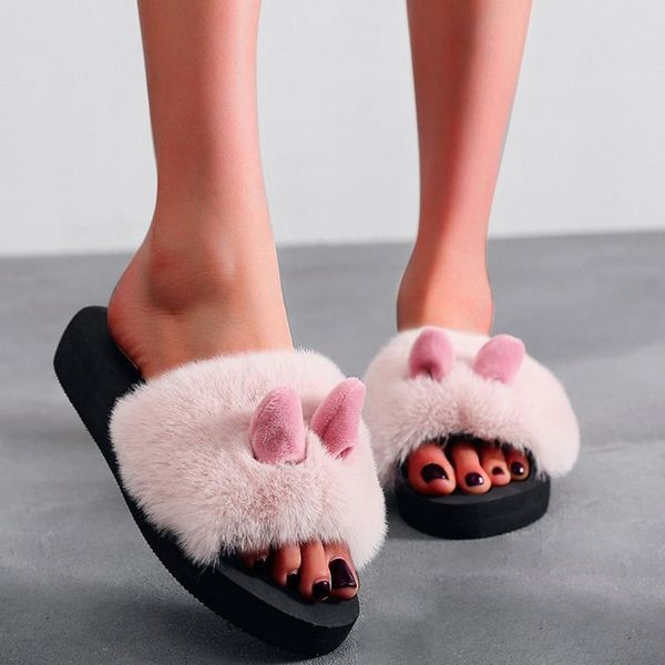 

slippers fashion casual womens ladies slip on sliders fluffy faux fur ear flat slipper flip flop sandal open toe shoes, Black