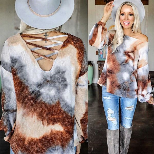

women's t-shirt casual tie dye print off shoulder loose t-shirt ladies autumn winter back cross strap long sleeve o neck women pullover, White