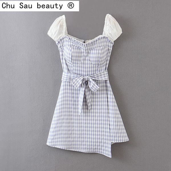 

beauty fashion women summer clothes woman casual square collar plaid stitching fungus irregular belt dresses 210514, Black;gray