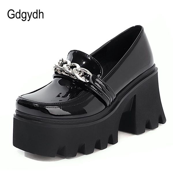 

dress shoes gdgydh metal chain platform lolita goth japanese school for girls patent leather square toe women pumps block heel size 43, Black