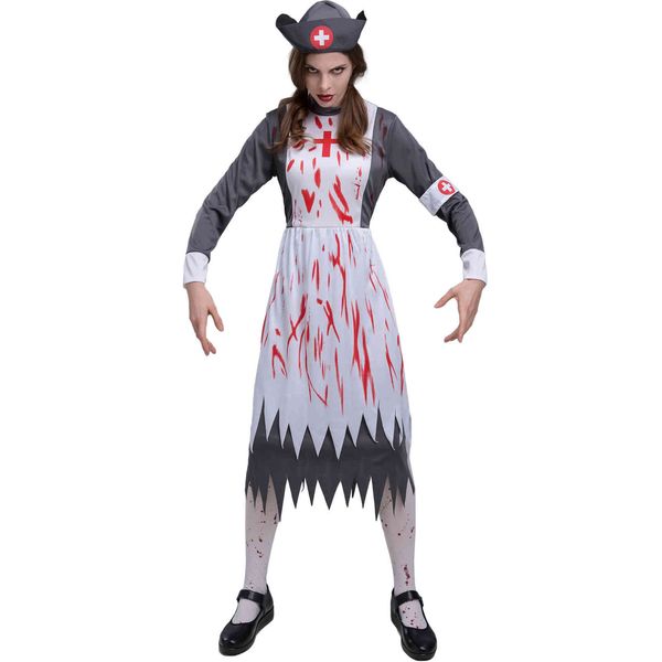 

stage carnival m-xl halloween horror printing fake blood nurse uniform zombie female, Black;red