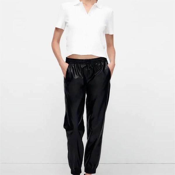 

women's pants & capris zxqj women fashion side pockets faux leather jogging vintage high elastic waist drawstring female ankle trousers, Black;white