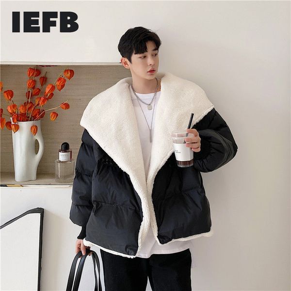 

iefb men's thick lambs wool cotton padded clothes for men korean streetwear fashion large lapel design loose winter coat 9y5005 210524, Black