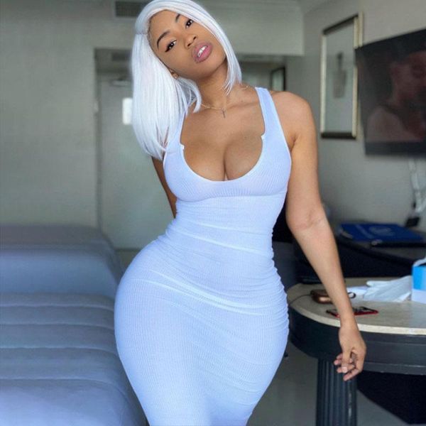 

ribbed knitted stripe women sleeveless midi dress v neck bodycon streetwear party club elegant 2021 spring summer casual dresses, Black;gray