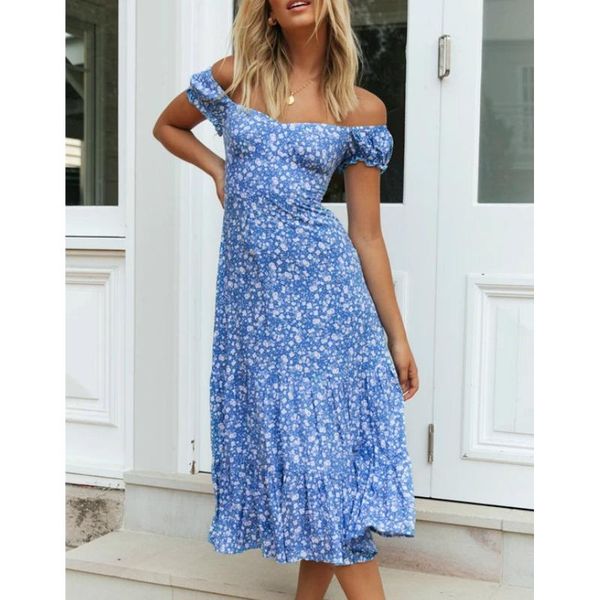 

musuos women party beach dress off shoulder summer slash neck backless ruffle midi sundress flowers printed holiday clothes casual dres, Black;gray