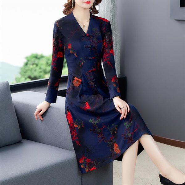 

casual dresses spring autumn vintage knitting cotton dress women bodycon chinese style red floral midi 2021 elegant party vestidos, Black;gray