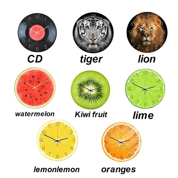 

wall clocks acrylic uv printing clock creative fruit animal wood grain sall household bedroom living room decoration