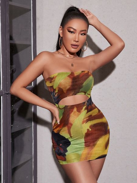 

petite tie dye cut out mesh tube bodycon dress without lingerie o4ue#, Black;gray