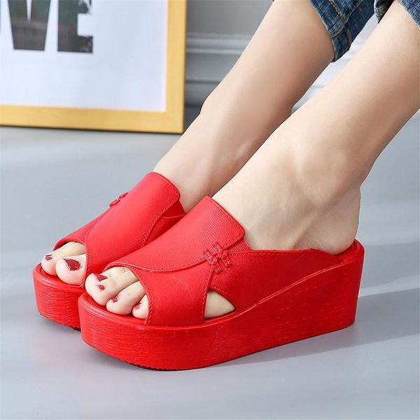 

house slippers platform shoes woman 2021 heeled mules on a wedge flat massage high pu rome rubber fabric slides ladies' sl, Black