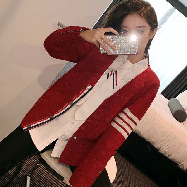 

2021 spring autumn new tb college style christmas red sweater coat women's loose and thin v-neck knitted cardigan fashion, White